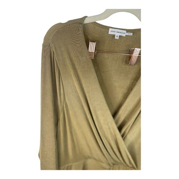 Good American Shimmer Faux Wrap Dress Long Sleeve Side Slit Metallic Gold Sz XL - Picture 6 of 12